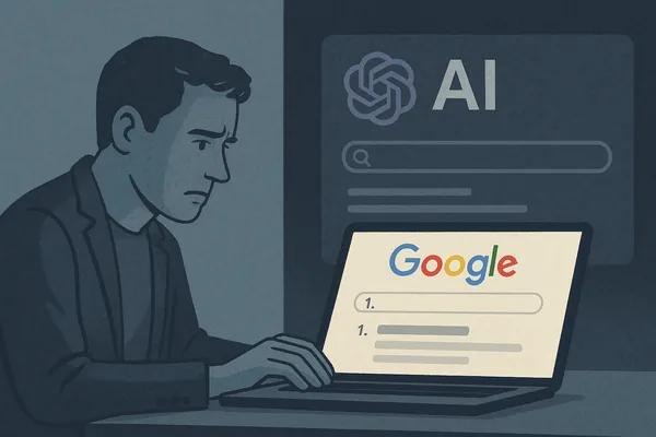 Founder looking at Google rankings on laptop with AI search results growing larger in background